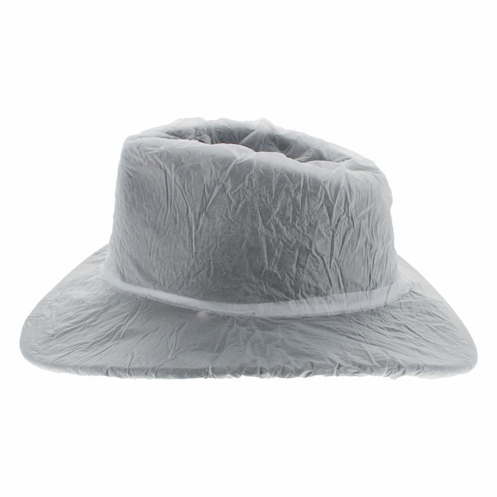 Clear vinyl hat cover designed to repel moisture and protect hats in harsh weather
