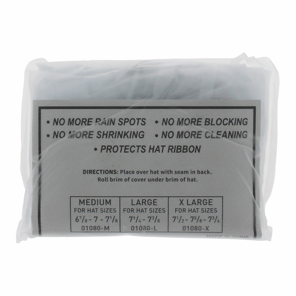 Lightweight vinyl protector that wraps around your hat to keep it dry and clean outdoors