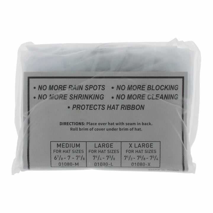 Lightweight vinyl protector that wraps around your hat to keep it dry and clean outdoors