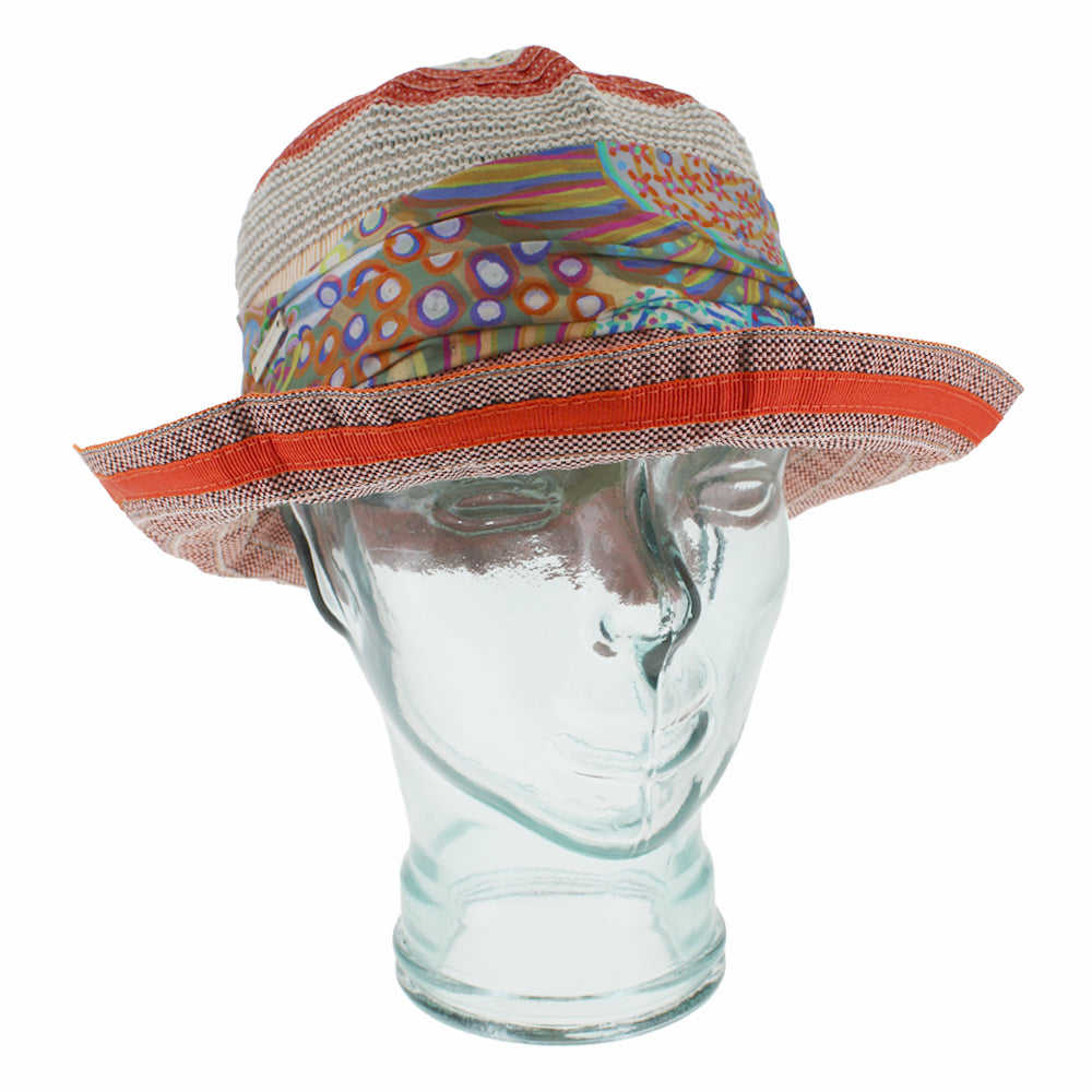 Orange bucket hat with multicolor design and lightweight packable summer construction