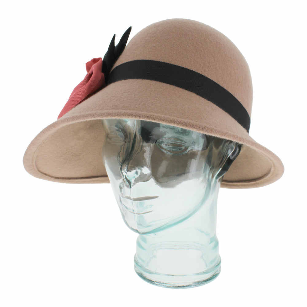 Top view of the Belfry Woodhouse taupe wool cloche hat with grosgrain band and ribbon flower, a graceful fall and winter fashion piece inspired by vintage 1920s elegance
