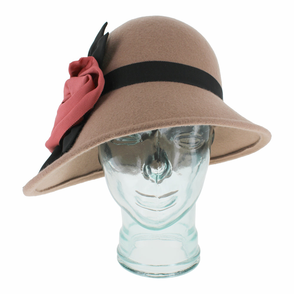 Belfry Woodhouse taupe cloche hat in wool with asymmetrical brim and grosgrain ribbon flower accent, a women’s cold-weather accessory perfect for autumn and winter style