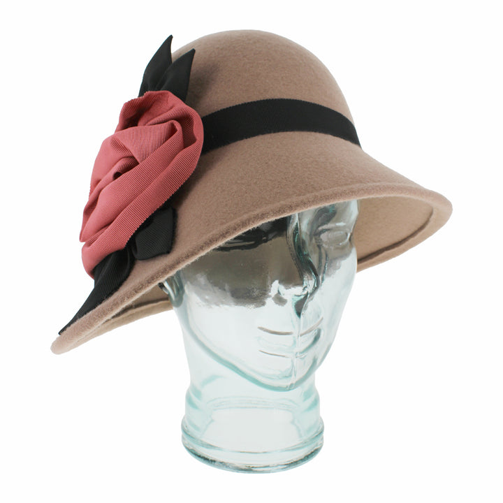 Belfry Woodhouse taupe asymmetrical cloche hat in 100% wool with grosgrain band and hand-folded ribbon flower accent, a refined women’s accessory for fall and winter elegance