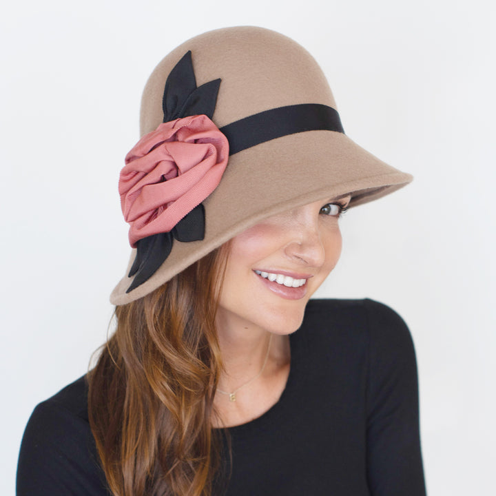 Belfry Woodhouse taupe wool cloche with asymmetrical brim and hand-folded grosgrain flower