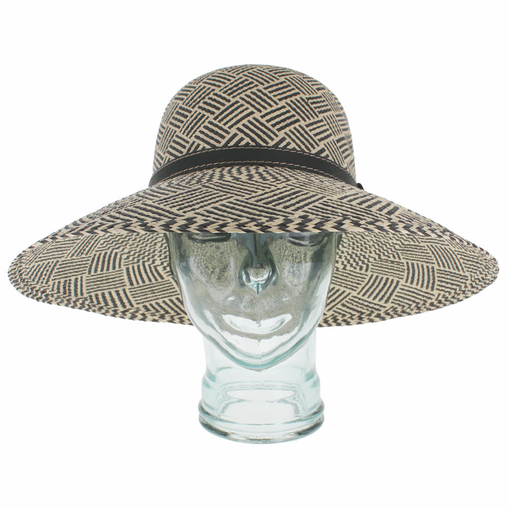 Black Panama straw lampshade hat with faux leather band for casual and dressy wear