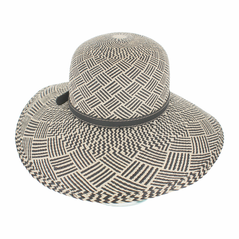 Lightweight black Panama straw lampshade hat with structured crown for summer wear
