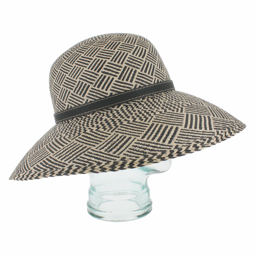 Black Panama straw lampshade hat with flexible construction and breathable design