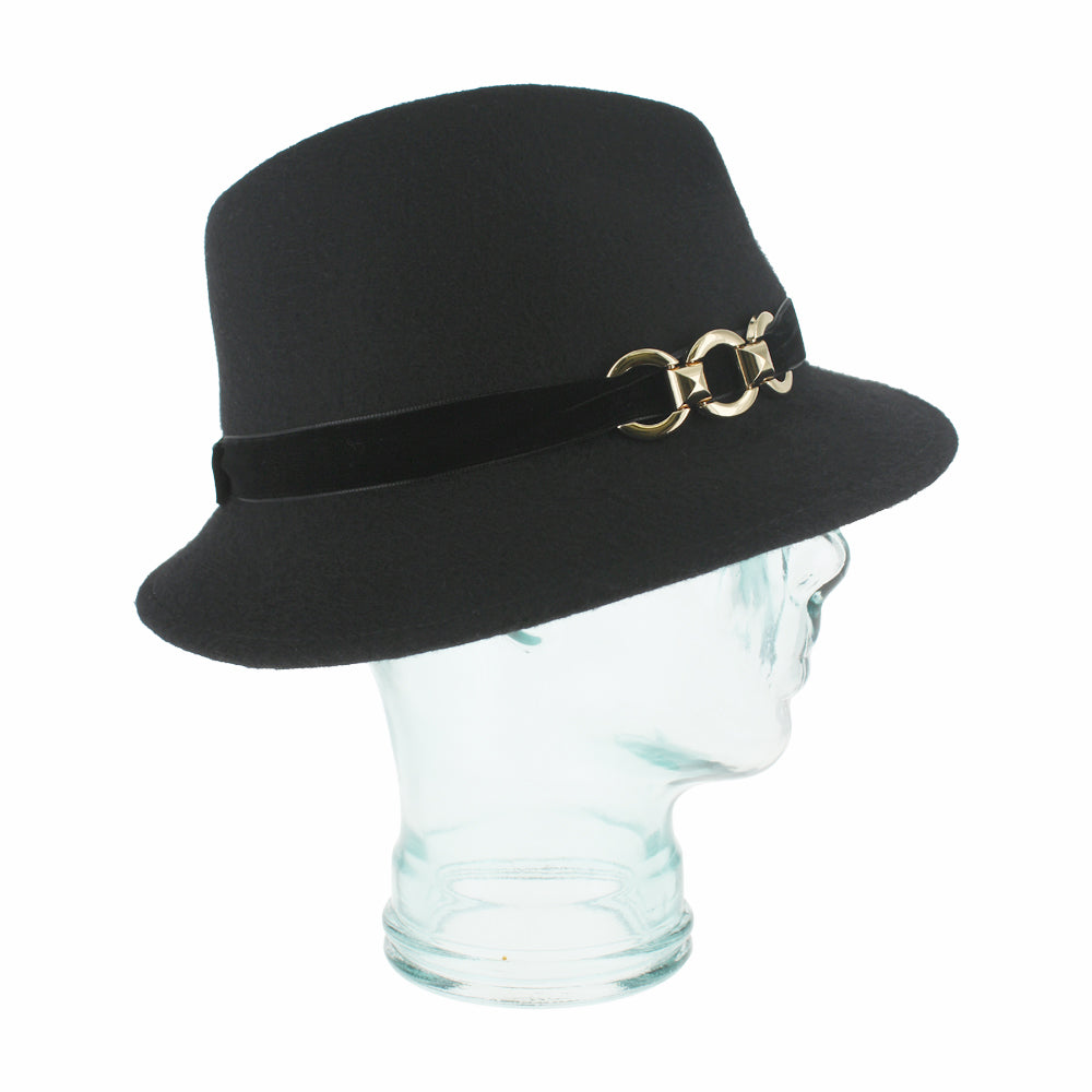 Italian-made Belfry Zita trilby in black wool, elegant asymmetrical silhouette with velvet trim, adjustable drawstring for a chic women’s cold-weather wardrobe