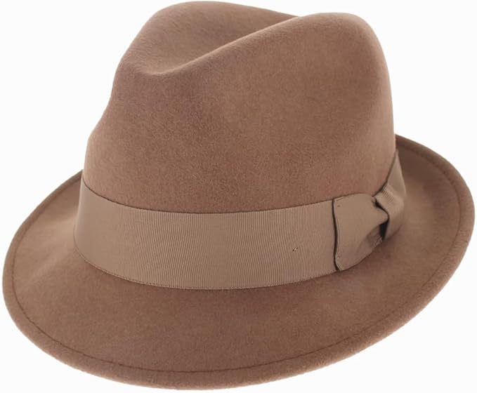 Belfry Goon pecan wool stingy brim hat with grosgrain ribbon trim and feather