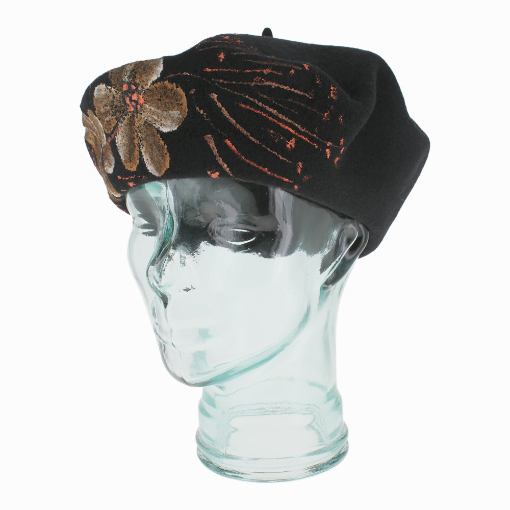 Belfry Verrazza Nero wool tam beret with unique hand-painted floral accents, handcrafted in Italy