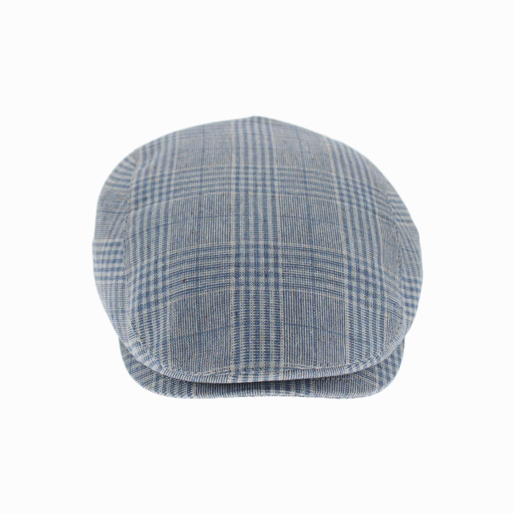 Blue plaid silk ivy flat cap with windowpane pattern and cotton inner lining, refined breathable accessory