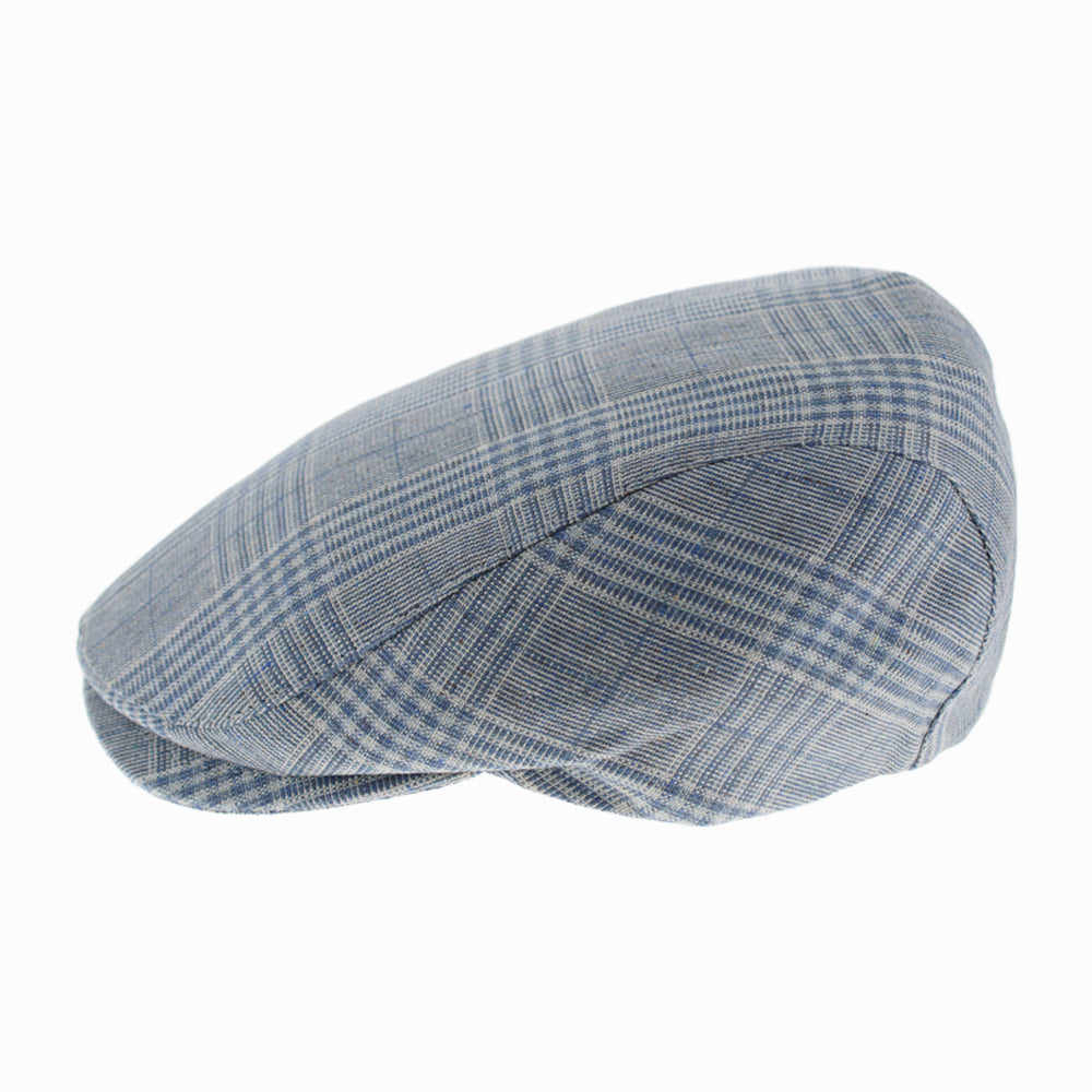  Silk flat cap in blue plaid with windowpane check design, breathable and lined with cotton for comfort