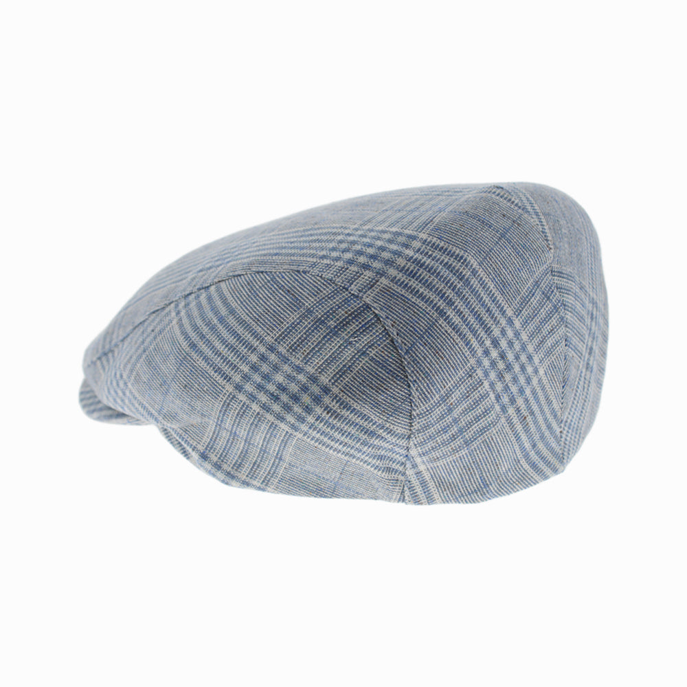 Blue plaid silk ivy cap featuring windowpane pattern and cotton inner lining, ideal for warm weather wear