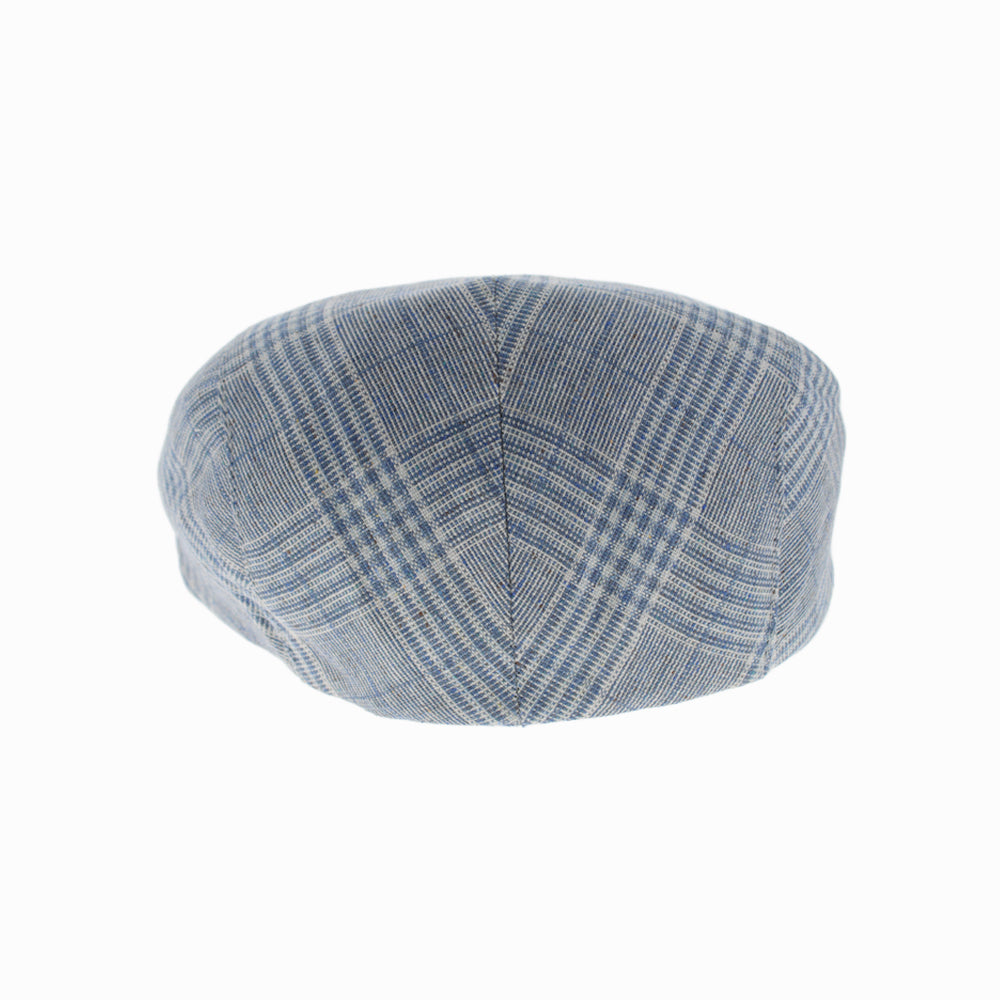 100% silk flat cap in blue windowpane plaid with cotton lining for polished, lightweight summer style