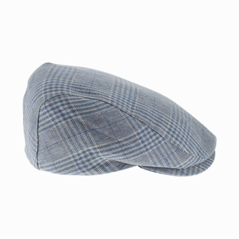 Blue plaid silk flat cap with windowpane texture and cotton-lined interior for breathable everyday comfort