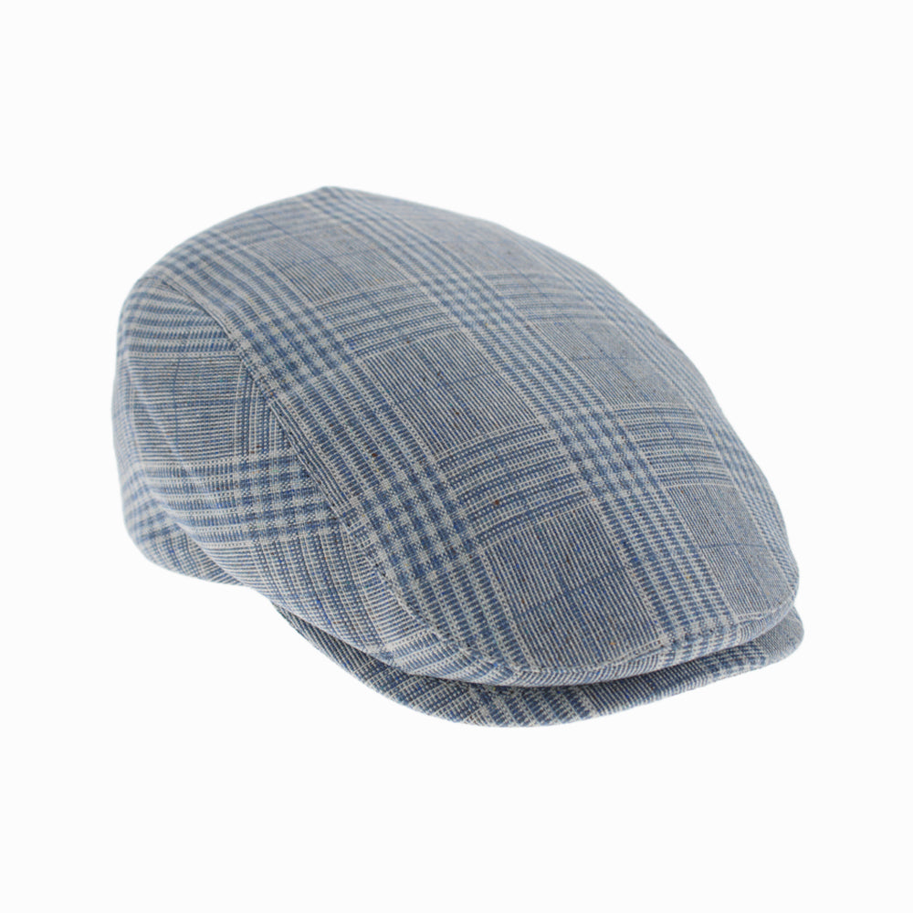 Lightweight blue windowpane plaid flat cap crafted in silk with cotton lining for smooth warm weather wear