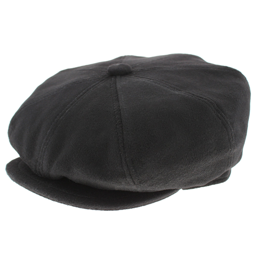Belfry Flavio black cashmere newsboy cap with 8-panel cut and snap brim, handcrafted in Italy