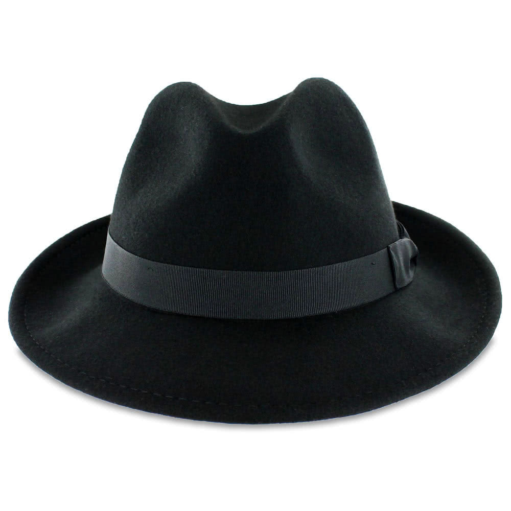 Timeless black wool felt fedora featuring snap brim, travel‑friendly flexibility, and detachable feather