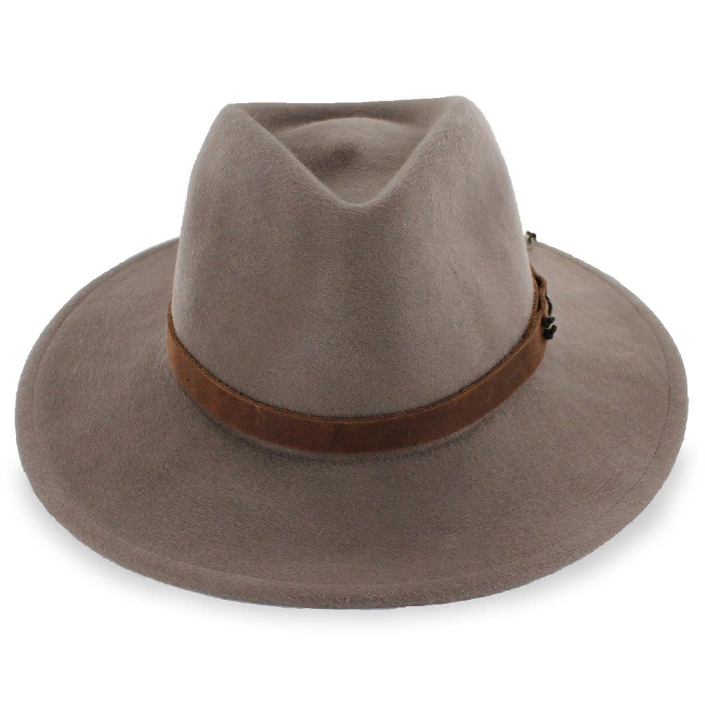 Deep mole brown wool felt western fedora featuring flexible, durable body and rustic leather/cord trim