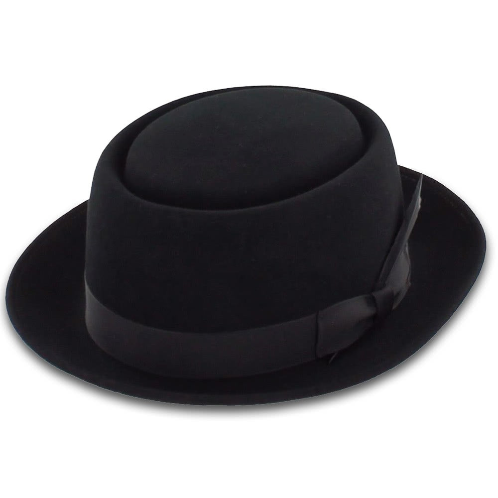 Black Belfry Brubeck C pork pie hat in wool‑cashmere blend with timeless telescope crown, grosgrain ribbon band, and optional feather accent