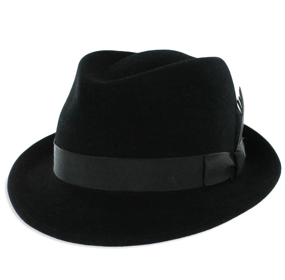 Black Belfry Coltrane C trilby in wool‑cashmere blend with modified teardrop crown, grosgrain ribbon band, and removable feather accent