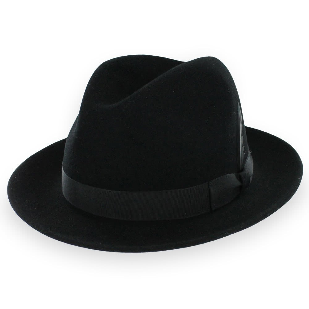 Black Belfry Frankie C fedora in wool‑cashmere blend with grosgrain ribbon hat band, removable feather, and versatile up‑ or down‑brim styling