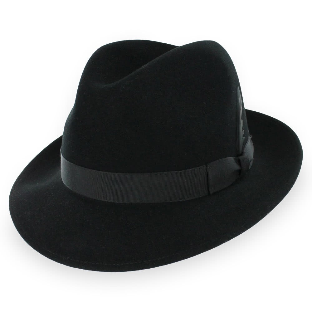 Handcrafted black wool felt fedora with a touch of cashmere, featuring a sleek grosgrain band and elegant feather accent