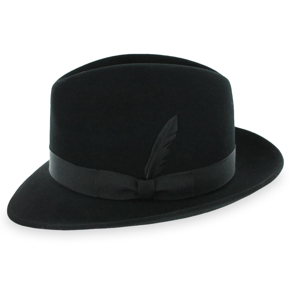 Classic black Belfry Frankie C fedora, handcrafted with a rich felt finish, removable feather detail, and versatile styling options