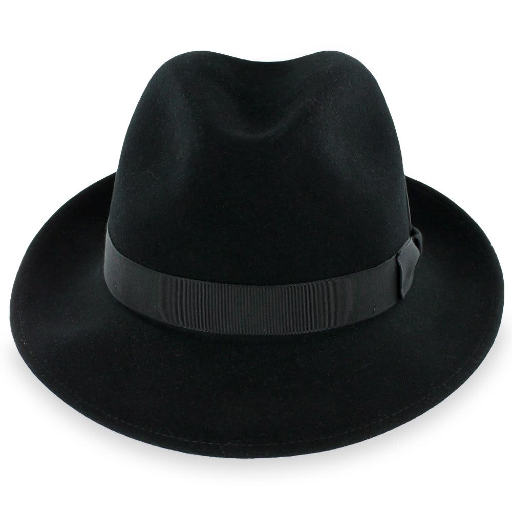 Black dress fedora by Belfry with soft cashmere‑blend finish, grosgrain ribbon trim, and shape‑retentive brim for formal wear