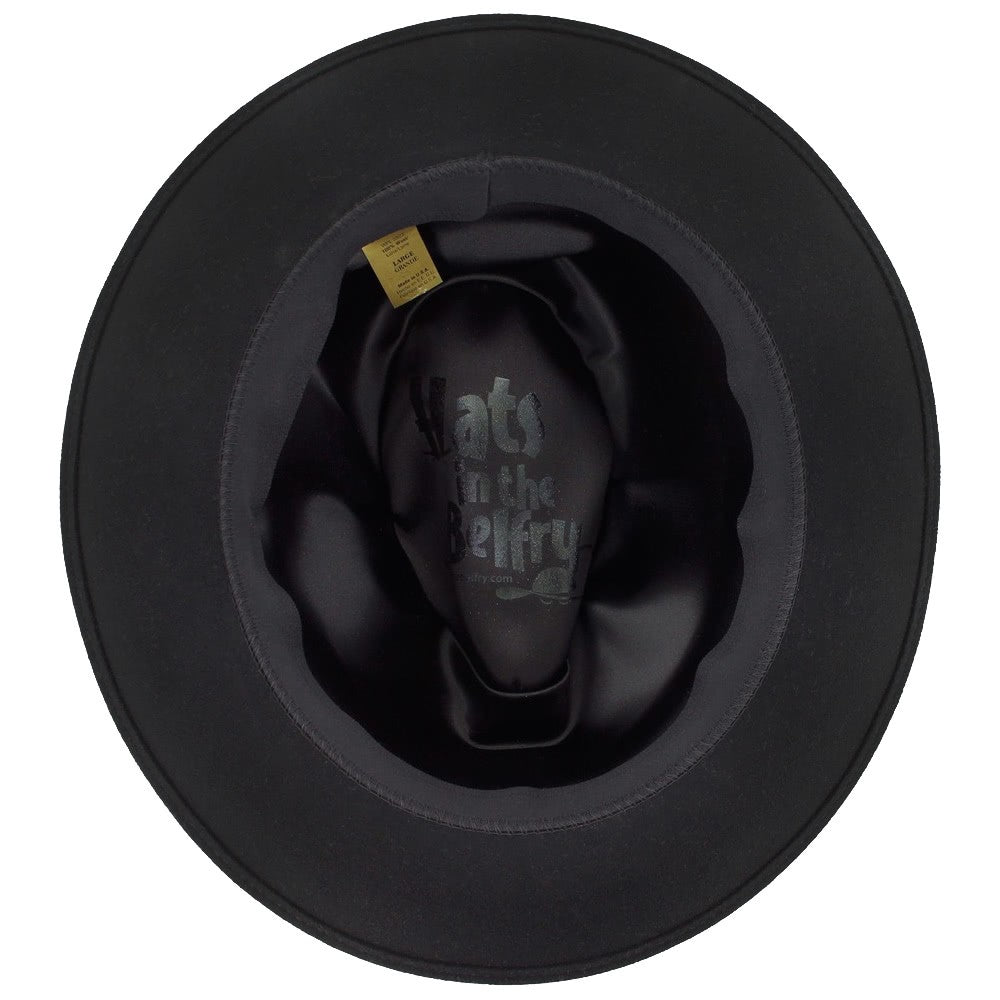 Luxurious black wool‑cashmere fedora with matching ribbon band, feather ornament, and fully lined interior with German sweatband
