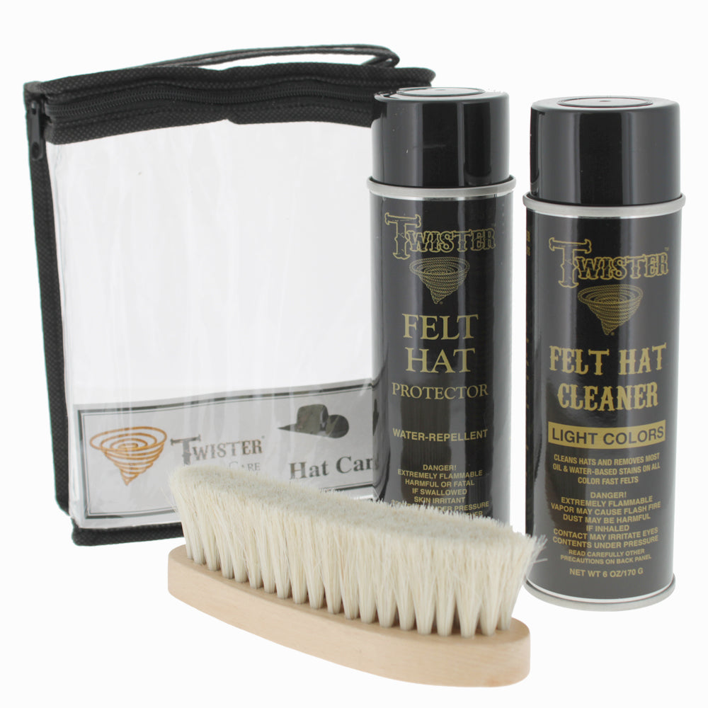 Twister hat cleaning kit for light felt hats with foam, protector, and brush