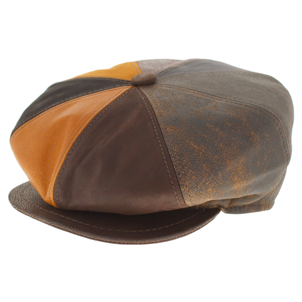 Belfry Leandro brown leather and suede Big Apple newsboy cap with 8-panel vintage design