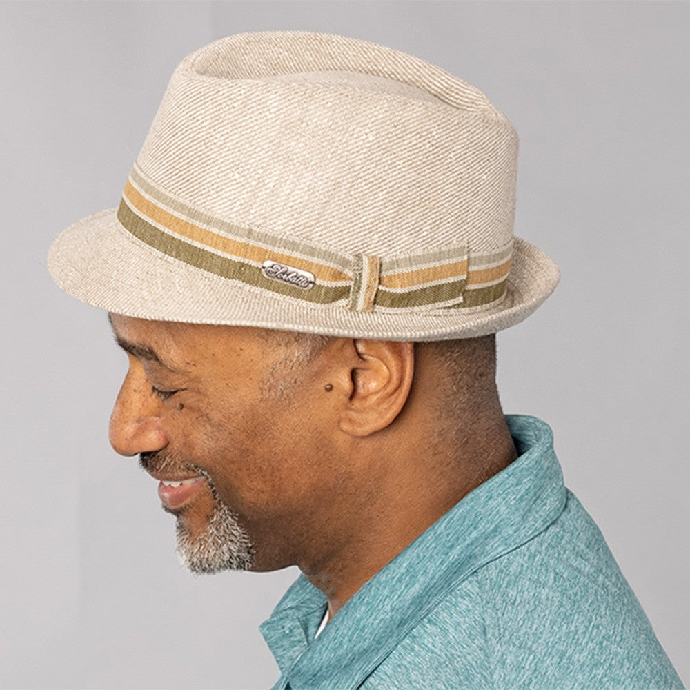 Natural Belfry Mauro trilby in 100% Italian linen with a firmly blocked crown, pre-snapped brim, and subtle stripe-pattern hat band