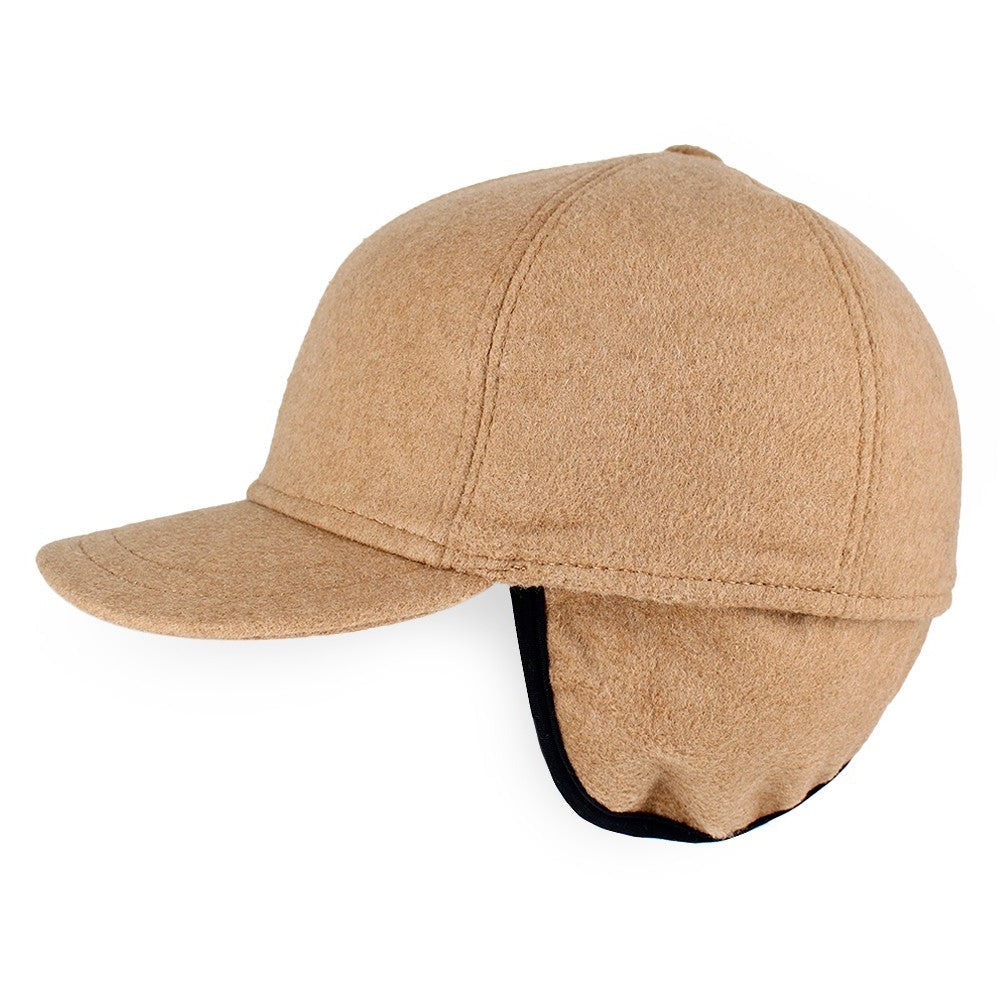 Beige Belfry Wobola wool baseball cap, winter hat with tuck-away ear flaps