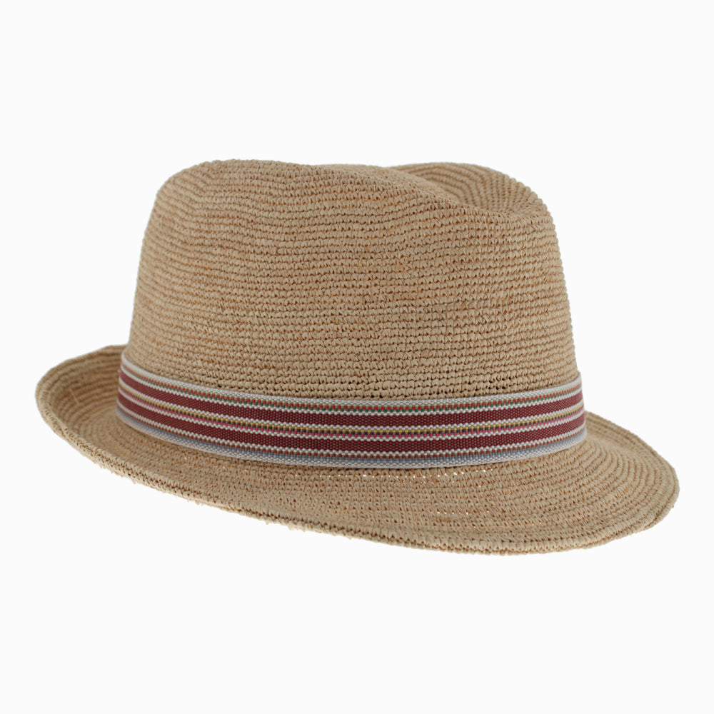 Top view of striped Belfry Ragusa trilby showcasing multitone summer texture