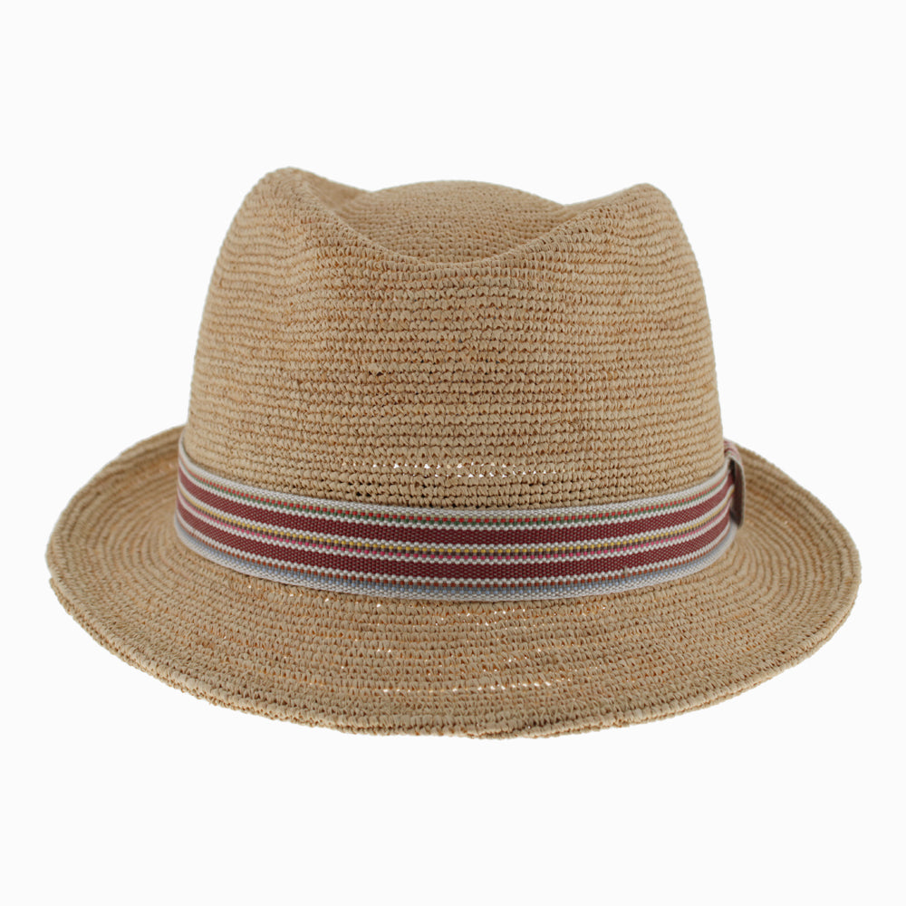Bold stripe-patterned trilby hat, breathable and perfect for summer afternoons