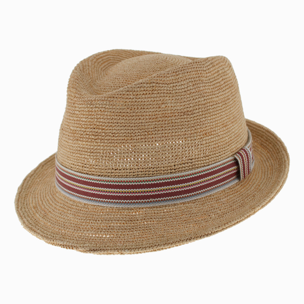 Woven raffia trilby hat in natural beige, foldable and ideal for hot weather wear