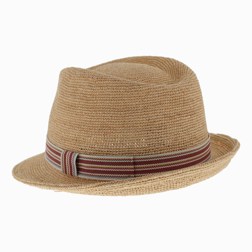 Stylish striped trilby hat made of breathable raffia straw, great for beach trips