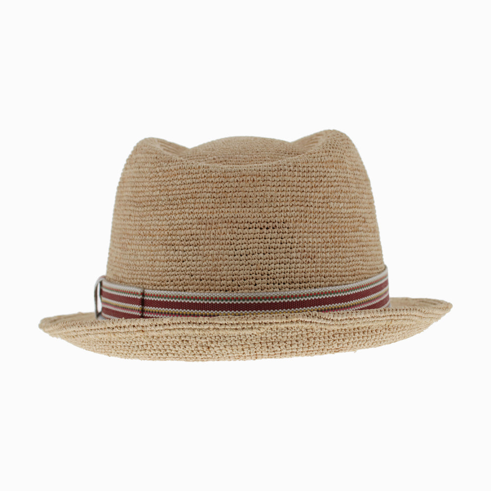 Crocheted raffia trilby in neutral striped tones, ideal for travel and warm days