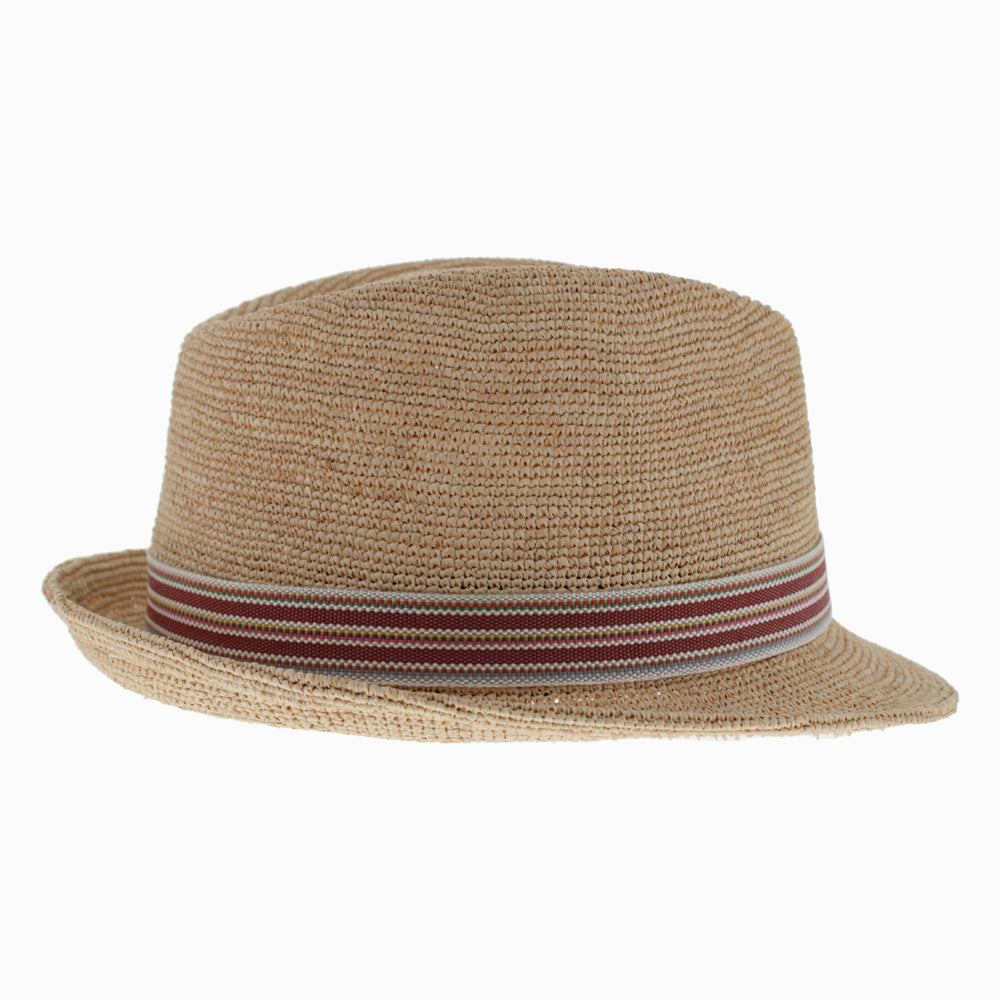 Lightweight striped trilby in raffia straw for casual outdoor events