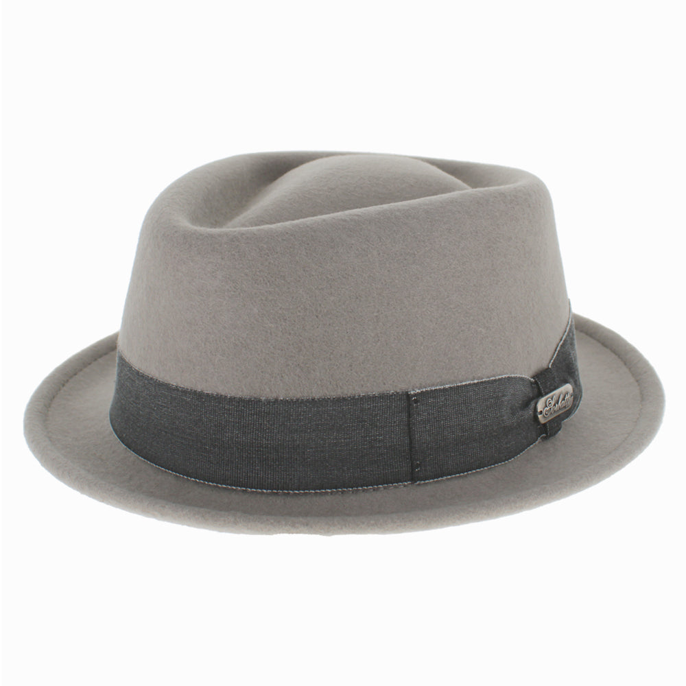 Belfry Sevena pork pie hat in gray wool with diamond crown, ideal for cool summer or fall travel